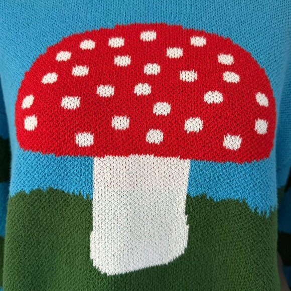 ZARA Mushroom Toadstool Blue Green Striped Check Quirky Indie Sweater Medium - Picture 12 of 15